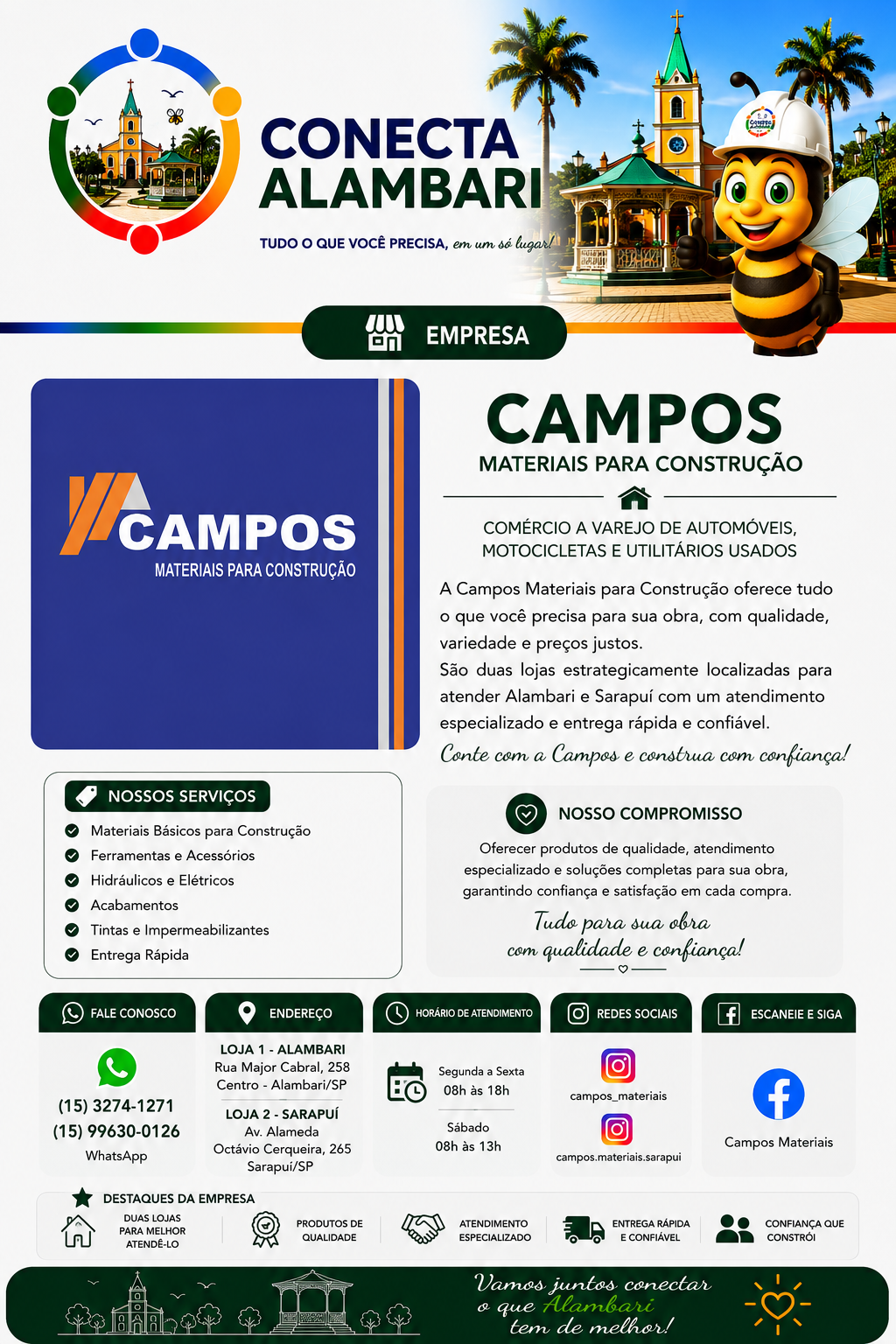 Página da Campos Materiais para Construção no Conecta Alambari, com apresentação, serviços, compromisso, contatos, endereços, horários e redes sociais.