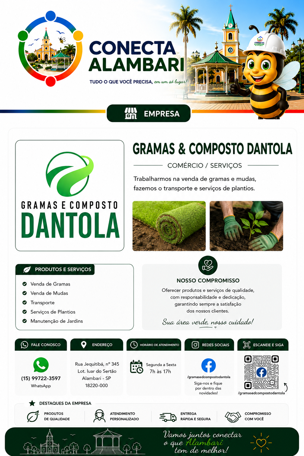 Página da Gramas e Composto Dantola com produtos e serviços, telefone, endereço, horário, rede social, QR Code e destaques da empresa.