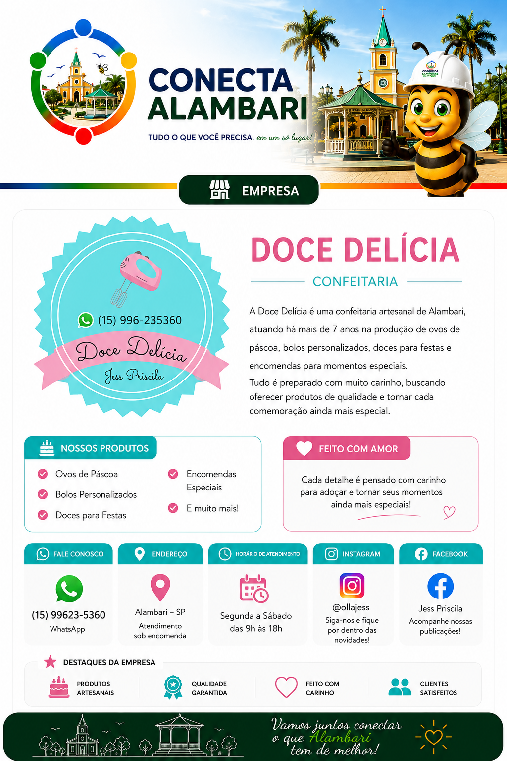 Página da Doce Delícia no Conecta Alambari, com informações da confeitaria, contato, endereço, horário, redes sociais e destaques.
