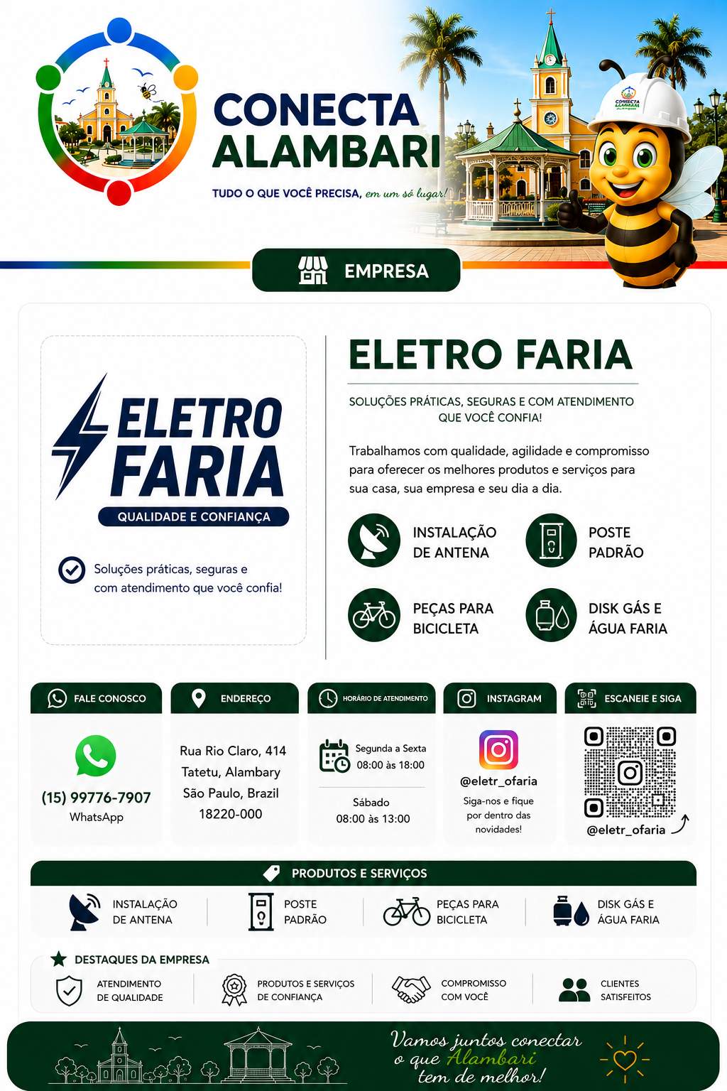 Página da Eletro Faria no Conecta Alambari com serviços, contato, endereço, horário, Instagram, QR Code e destaques da empresa.