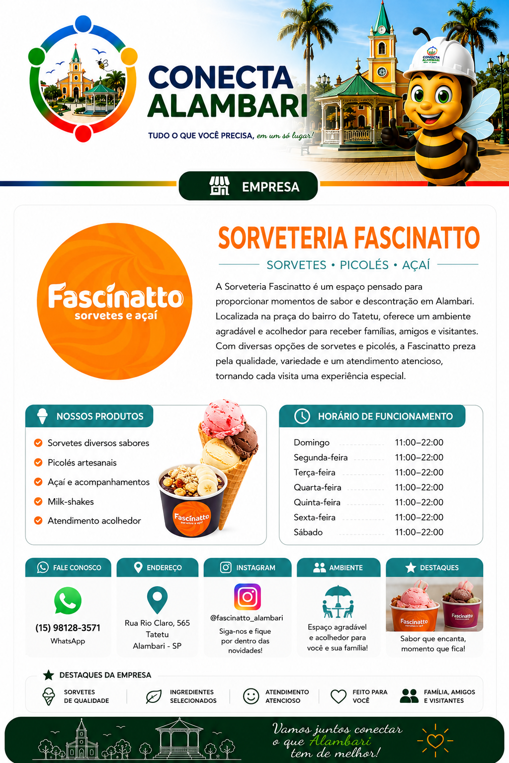 Página da Sorveteria Fascinatto no Conecta Alambari, com descrição, produtos, horários, contato, endereço, Instagram, ambiente e destaques.