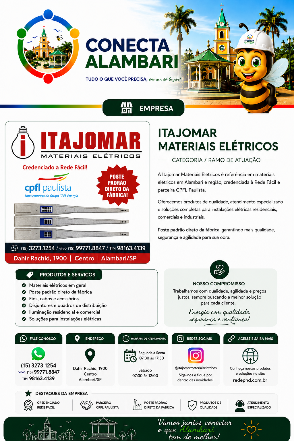 Página da Itajomar Materiais Elétricos no Conecta Alambari, com apresentação da empresa, produtos e serviços, compromisso, contatos, endereço, horário, redes sociais e destaques.