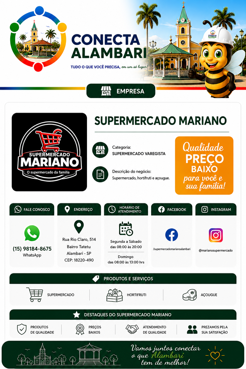 Página do Supermercado Mariano no Conecta Alambari, com apresentação, categoria, descrição, contato, endereço, horários, Facebook, Instagram, produtos, serviços e destaques.