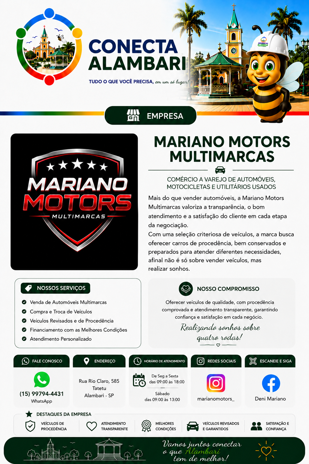 Página da Mariano Motors Multimarcas no portal Conecta Alambari, com apresentação, serviços, compromisso, contatos e destaques da empresa.