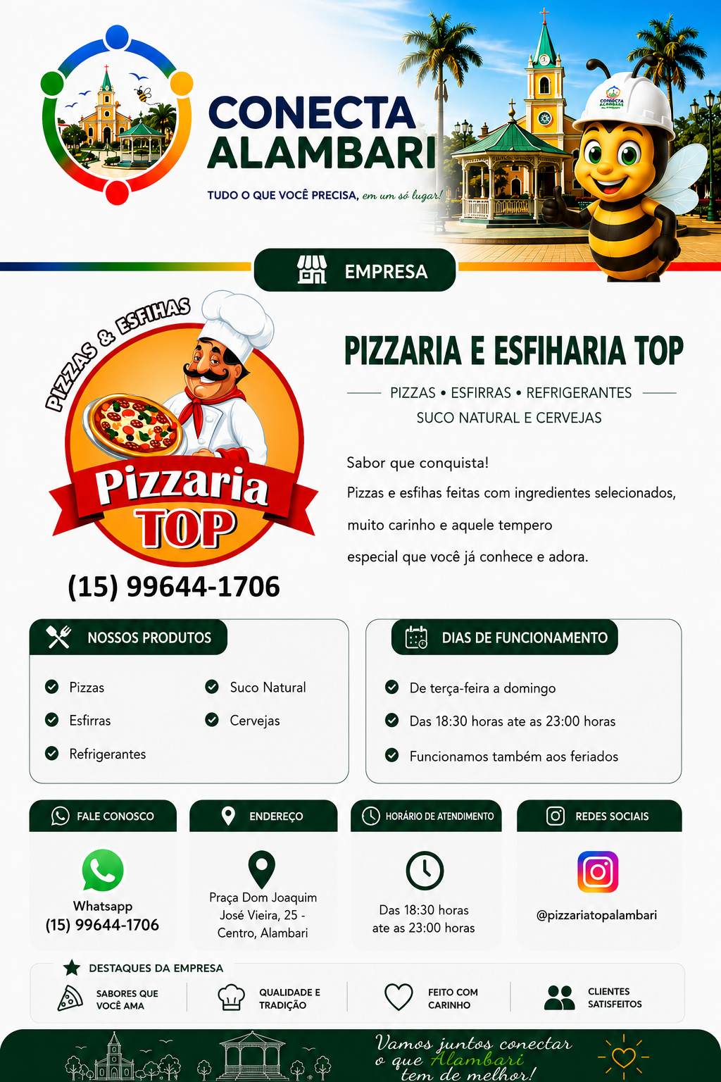 Página da Pizzaria e Esfiharia TOP no Conecta Alambari, com apresentação, produtos, dias de funcionamento, contato, endereço, horário, redes sociais e destaques.