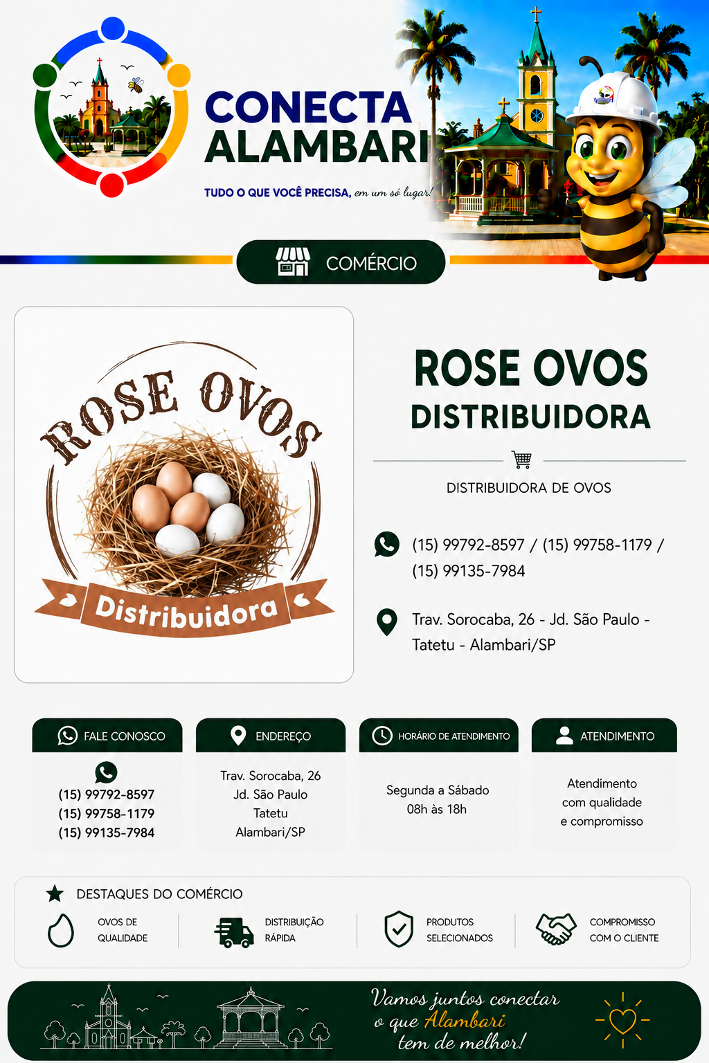 Página institucional da Rose Ovos Distribuidora no Conecta Alambari