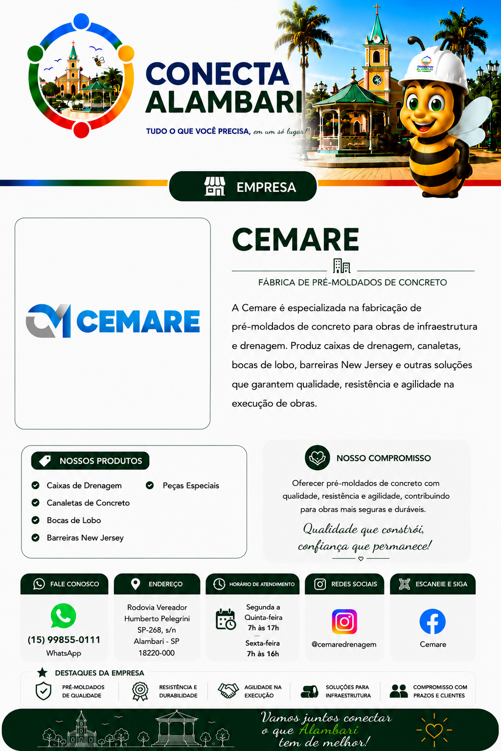 Apresentação institucional da Cemare no Conecta Alambari, com produtos, compromisso, contato, endereço, horário de atendimento e redes sociais.