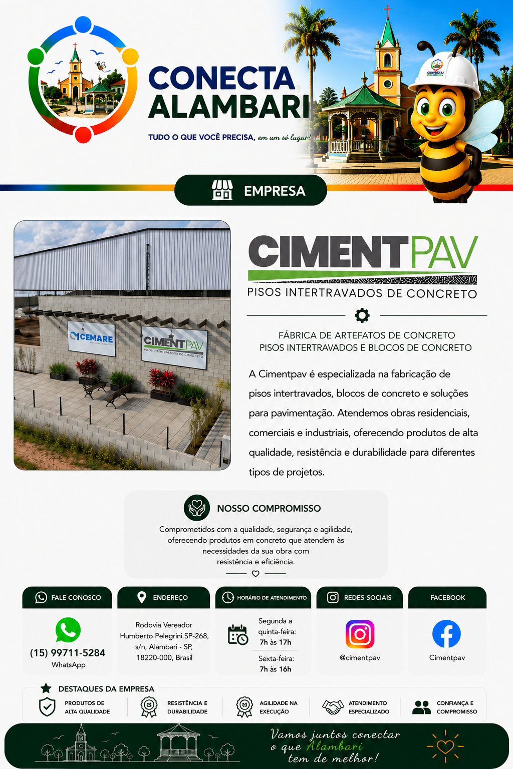Apresentação institucional da Cimentpav no Conecta Alambari, com informações sobre produtos, compromisso, contato, endereço, horário de atendimento e redes sociais.