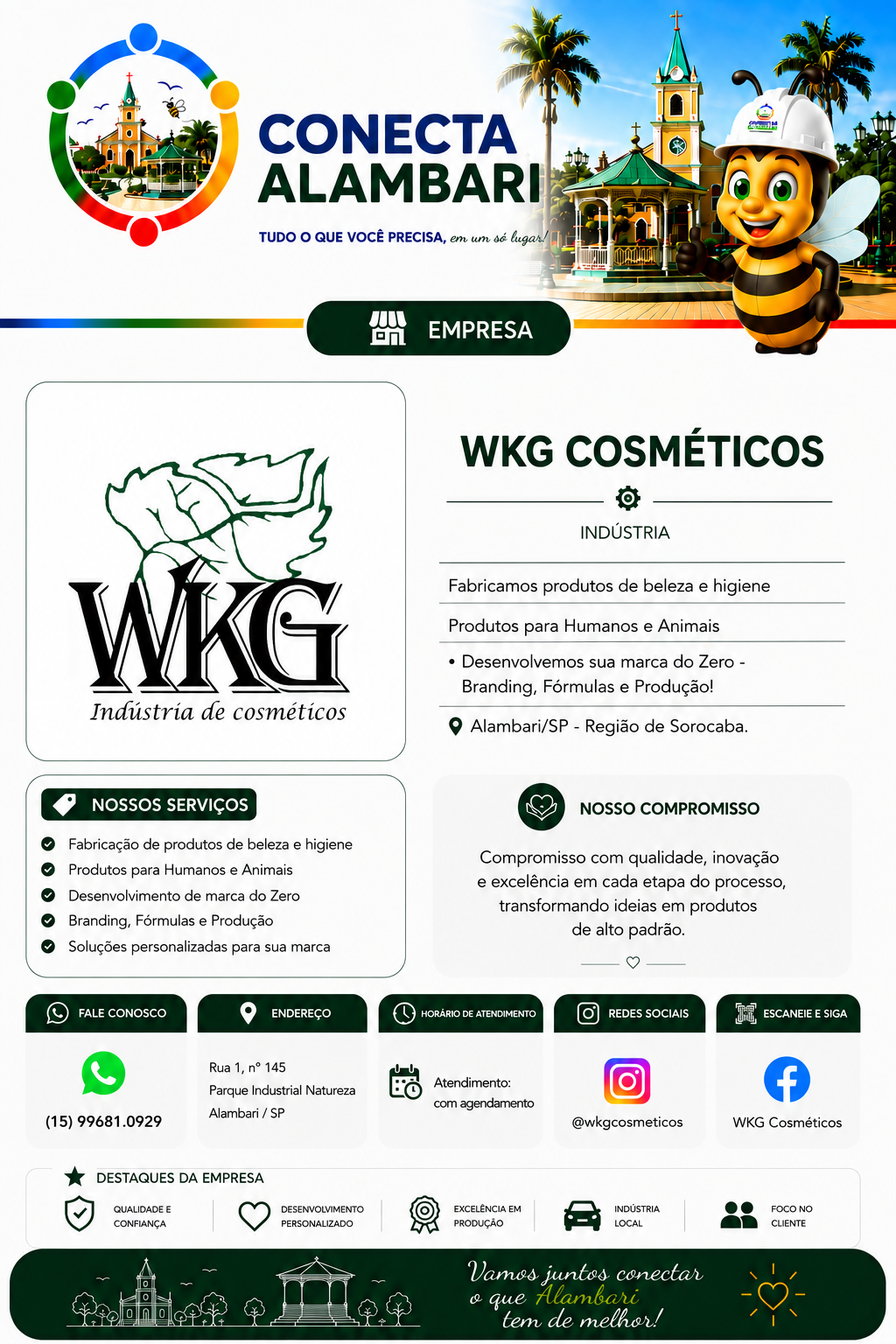 Página institucional da WKG Cosméticos no portal Conecta Alambari, com apresentação da empresa, serviços, compromisso, contatos e redes sociais.