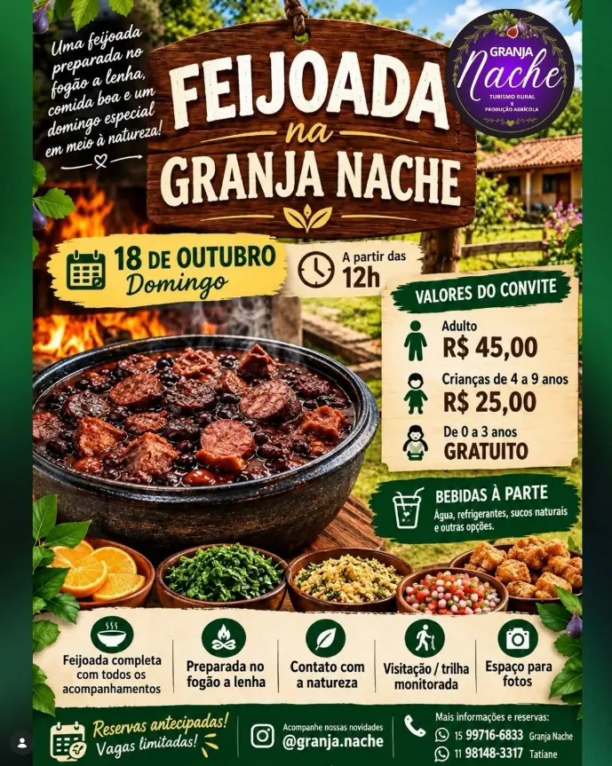Cartaz da Feijoada na Granja Nache, dia 18 de outubro, a partir das 12h