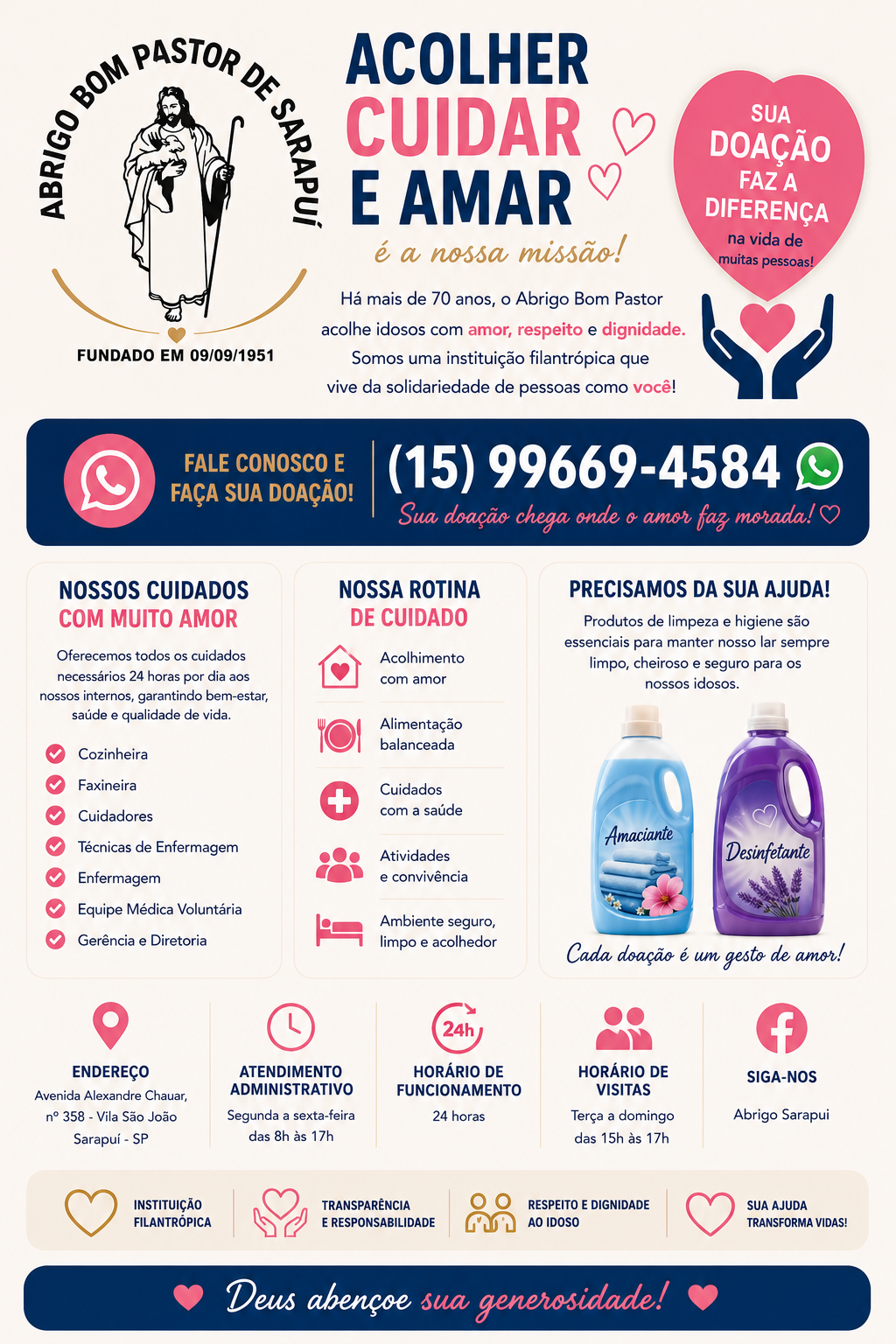 Página institucional do Abrigo Bom Pastor de Sarapuí com informações sobre cuidados, rotina, doações, endereço, horários e contato.