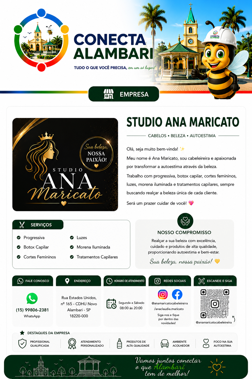 Página do Studio Ana Maricato no Conecta Alambari, com apresentação, serviços, compromisso, contato, endereço, horário, redes sociais, QR Code e destaques da empresa.