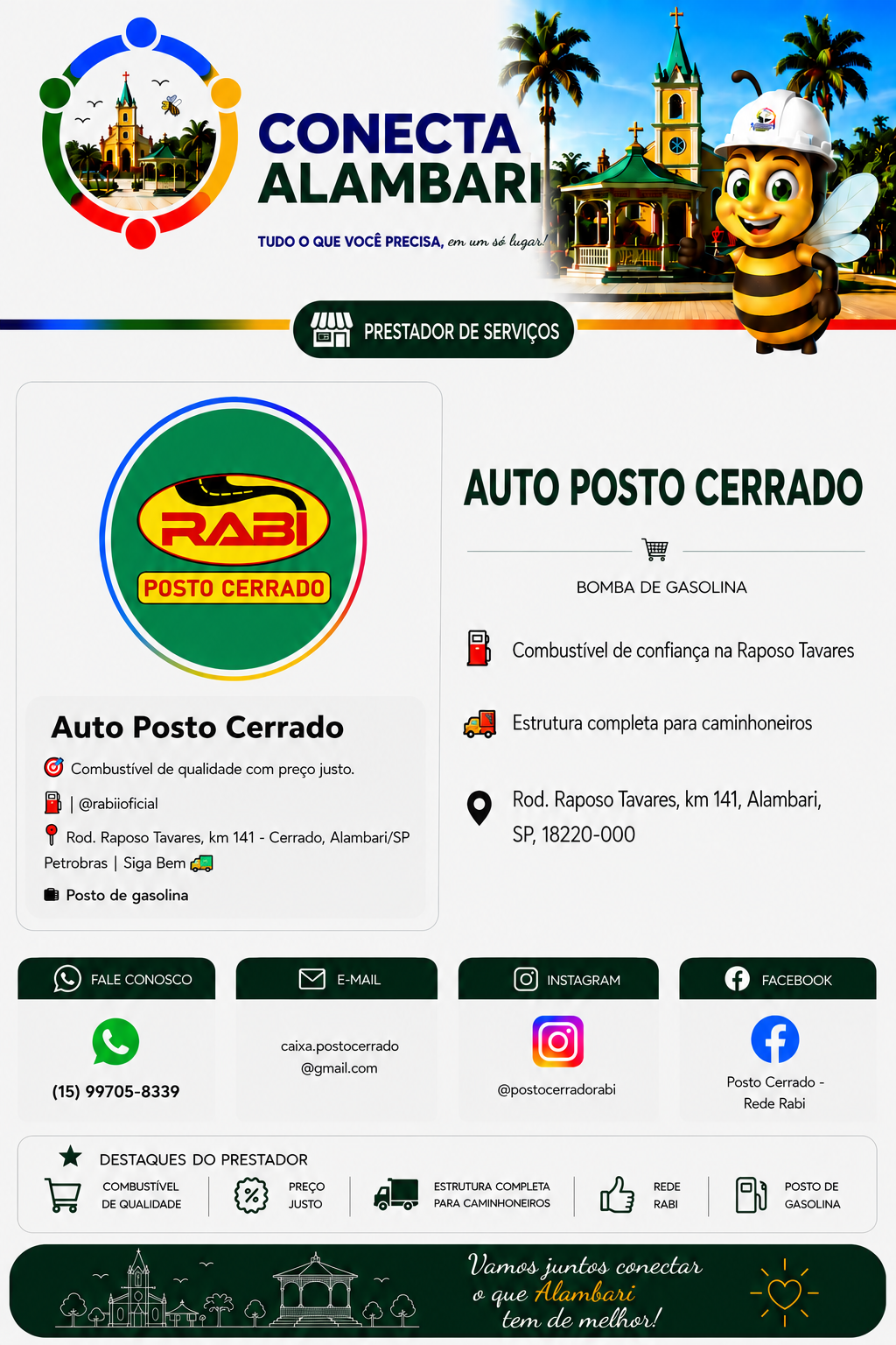 Página institucional do Auto Posto Cerrado no Conecta Alambari