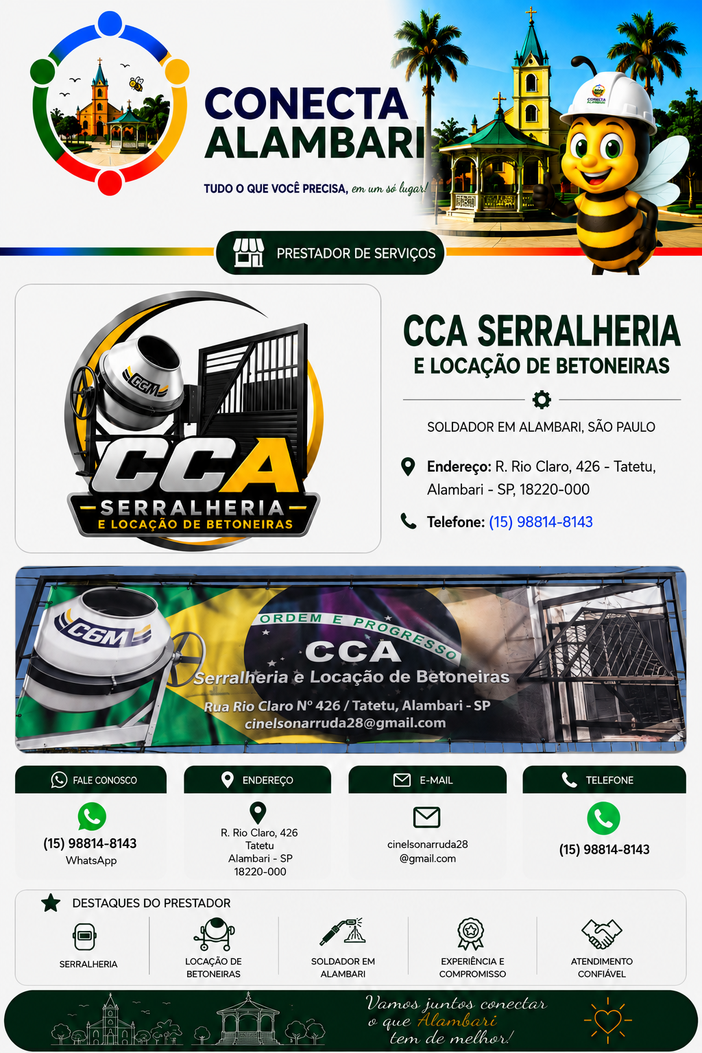 Página institucional da CCA Serralheria e Locação de Betoneiras no Conecta Alambari