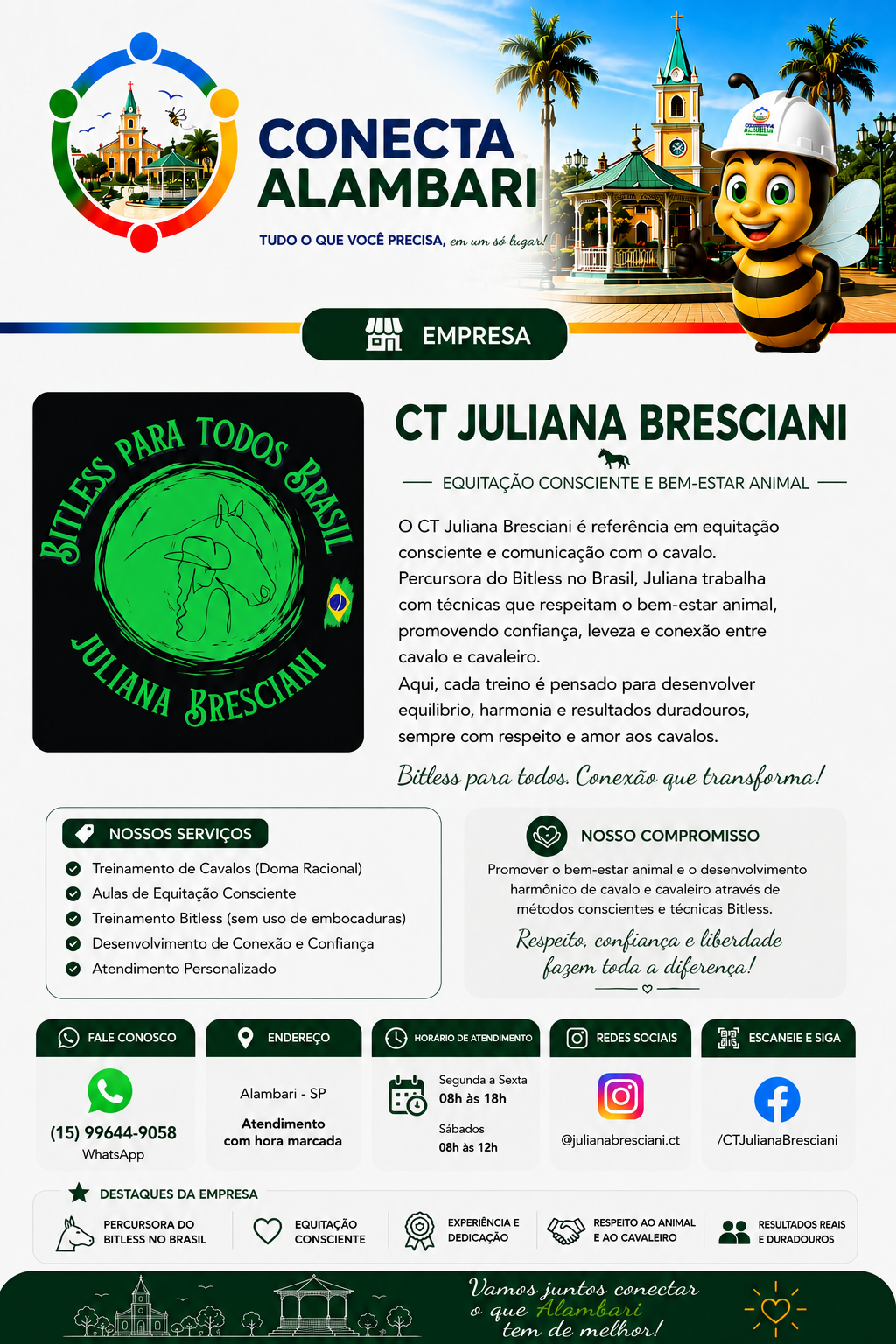 Página do Centro Hípico São José - C.T. Juliana Bresciani no Conecta Alambari, com apresentação, serviços, compromisso, contato, Instagram, e-mail, endereço, Facebook e destaques.