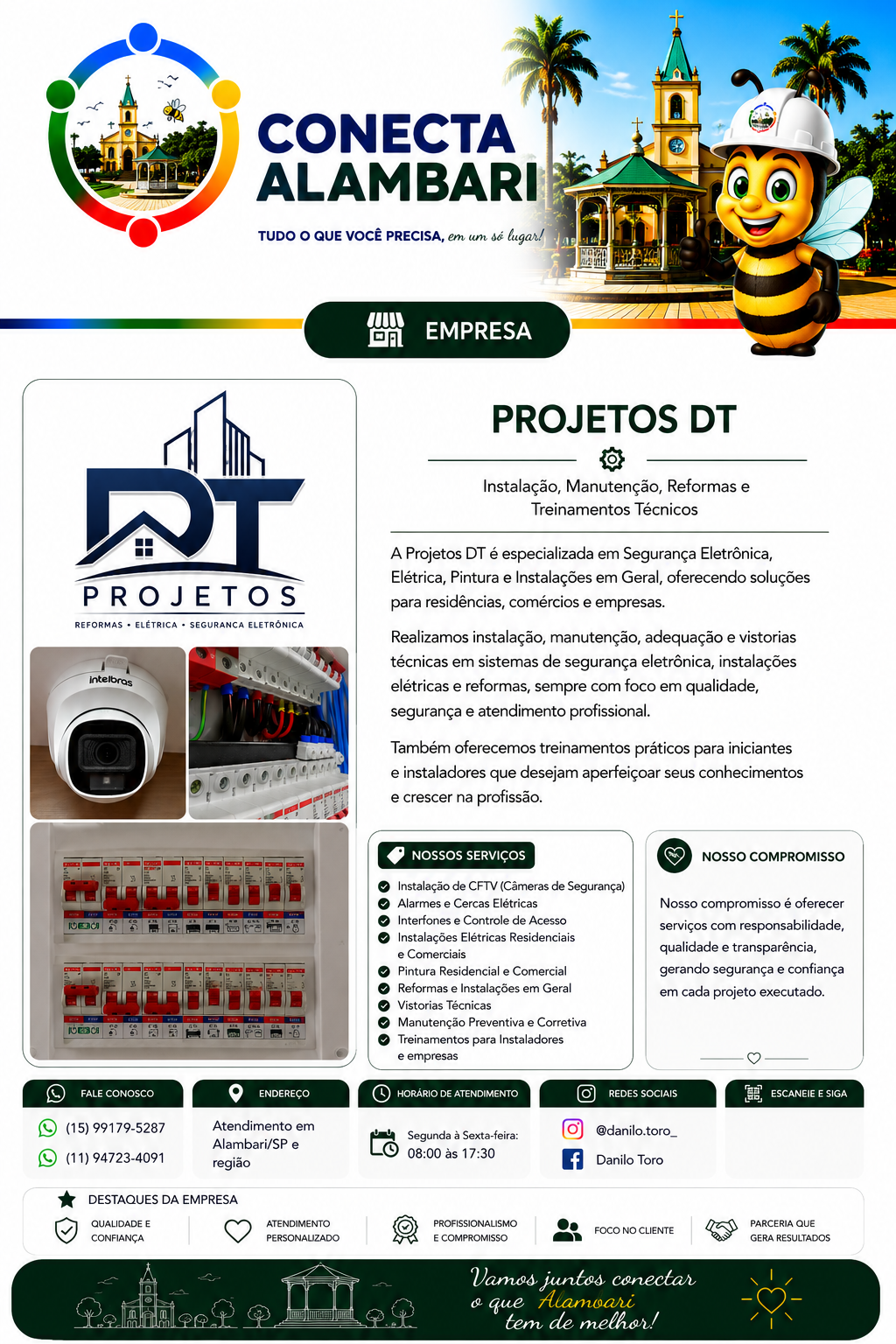 Classificado da Projetos DT no Conecta Alambari, com descrição do negócio, serviços, contactos, horário, redes sociais, condições e destaques.