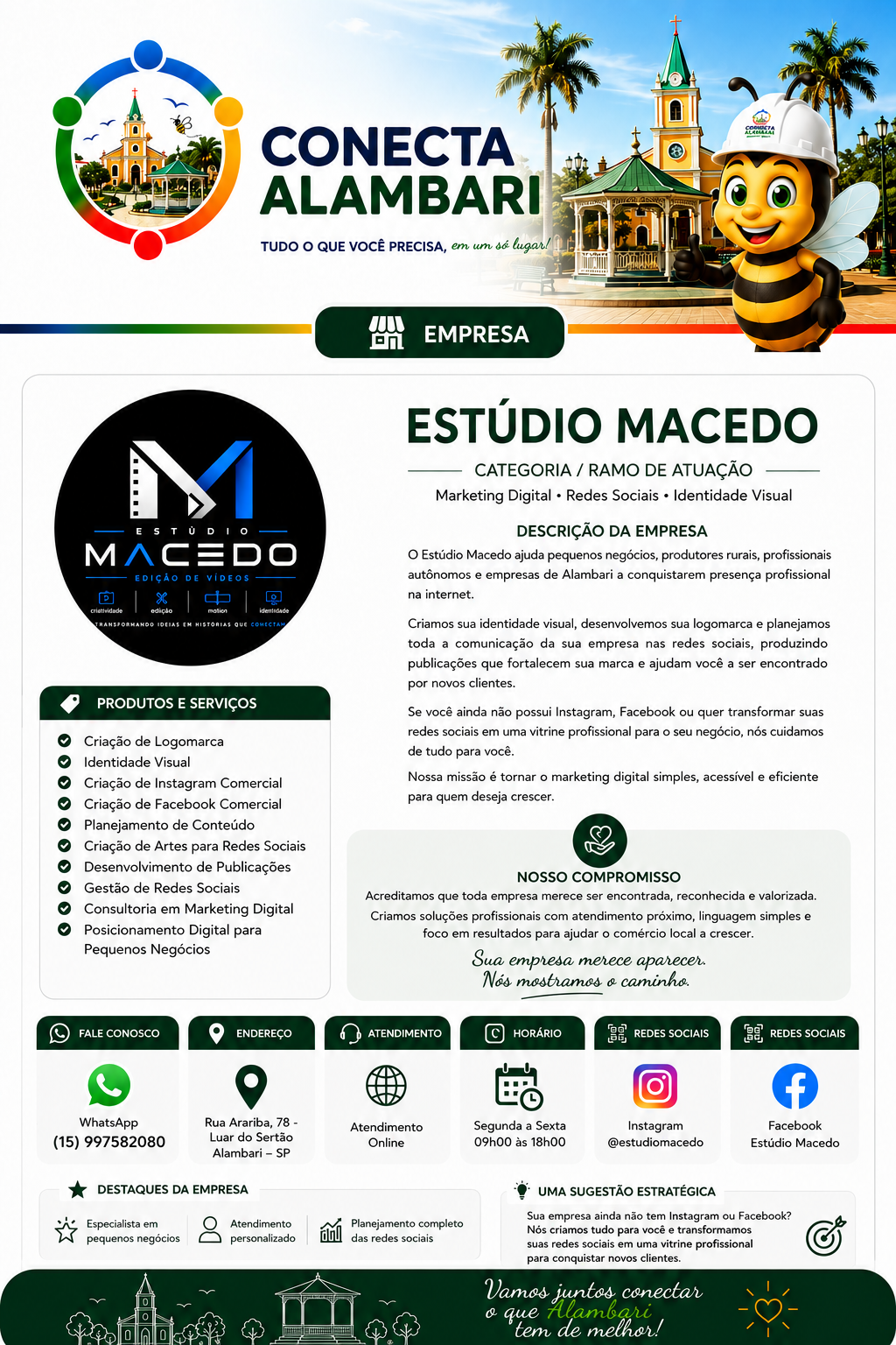Página do Estúdio Macedo no Conecta Alambari, com apresentação, produtos e serviços, compromisso, contato, endereço, atendimento, horário, redes sociais, destaques e sugestão estratégica.