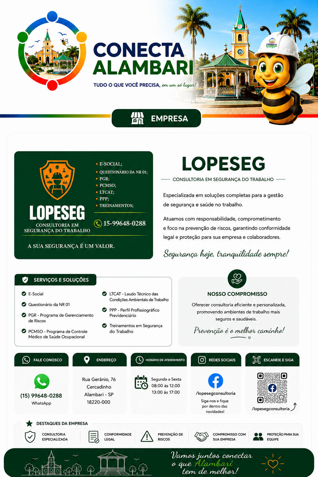 Página da LOPESEG no Conecta Alambari, com apresentação, serviços e soluções, compromisso, contato, endereço, horário, redes sociais, QR Code e destaques.