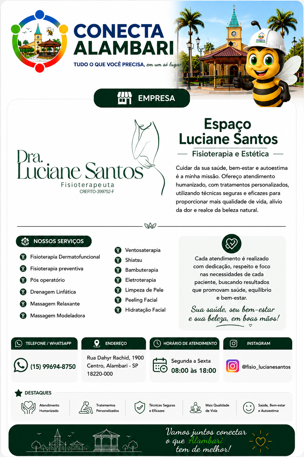 Página do Espaço Luciane Santos no Conecta Alambari, com apresentação, serviços, compromisso, telefone, endereço, horário, Instagram e destaques.