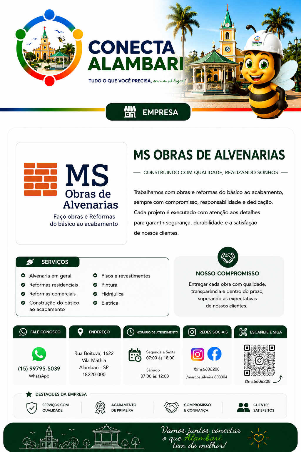 Página da MS Obras de Alvenarias no Conecta Alambari, com apresentação, serviços, compromisso, contato, endereço, horário, redes sociais, QR Code e destaques.