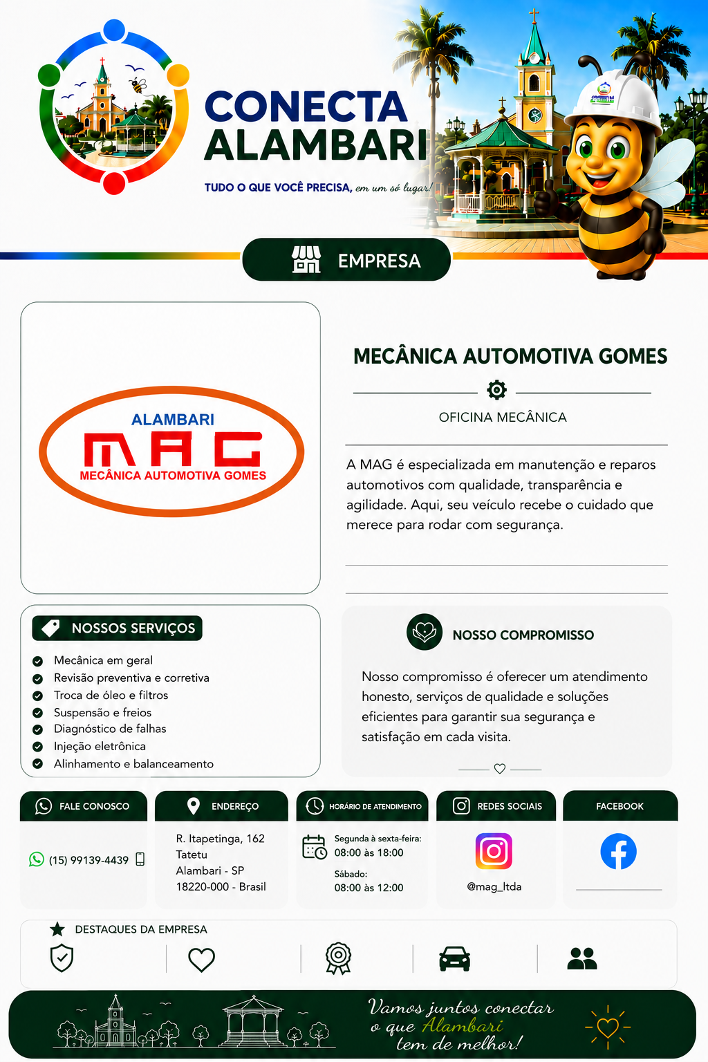 Página da Mecânica Automotiva Gomes no Conecta Alambari, com apresentação, serviços, compromisso, contato, endereço, horário, redes sociais, QR Code e destaques.
