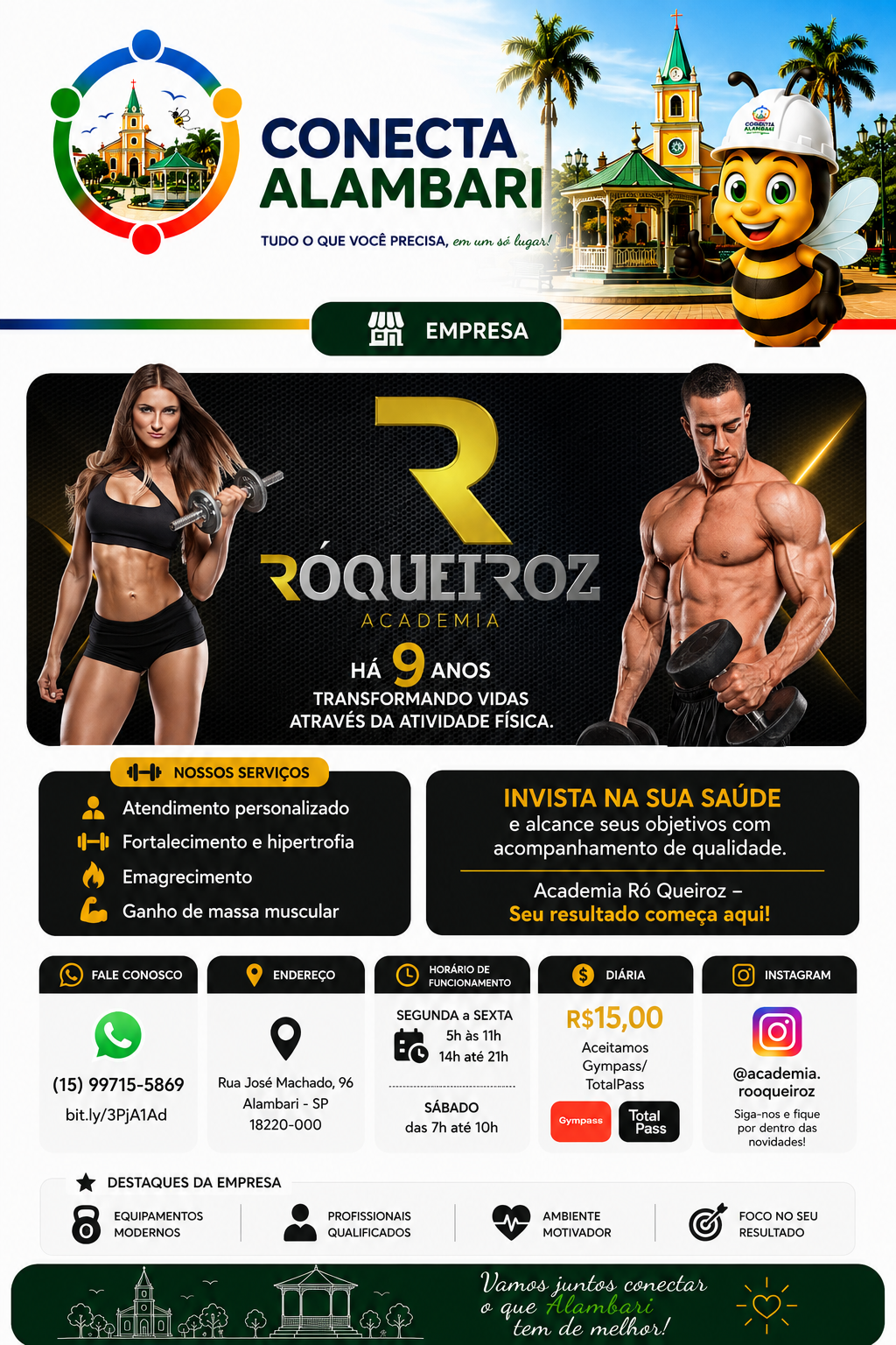 Página da Academia Ró Queiroz no Conecta Alambari, com apresentação, serviços, chamada institucional, contato, endereço, horários, diária, Instagram e destaques.