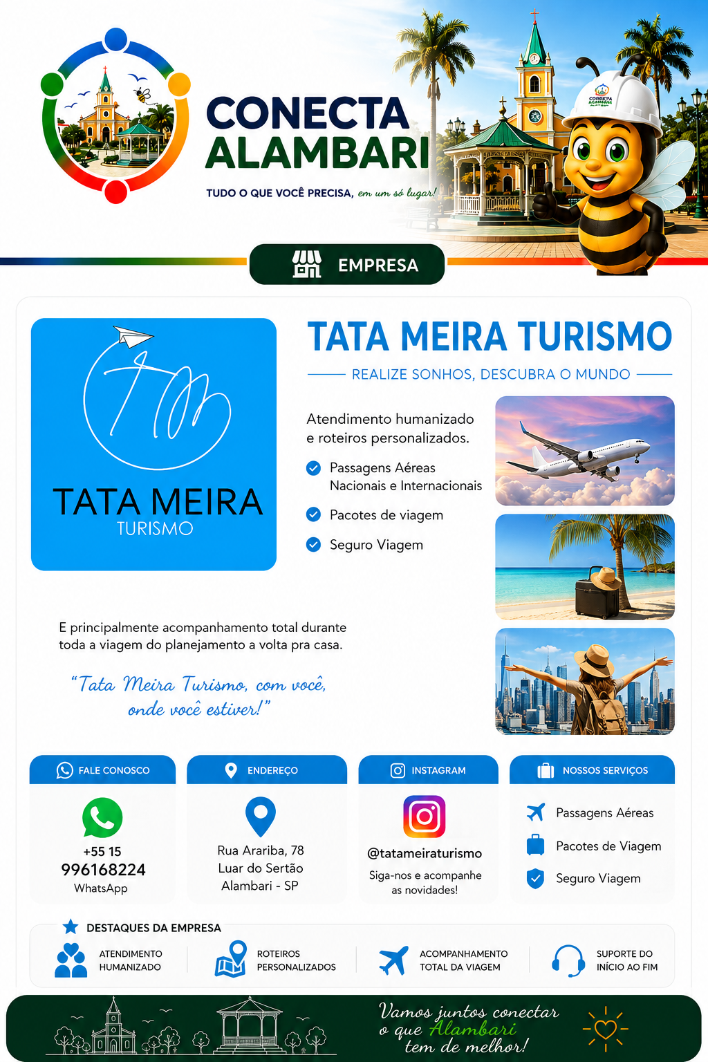 Página da Tata Meira Turismo no Conecta Alambari, com apresentação, serviços, atendimento, endereço, Instagram e destaques da empresa.