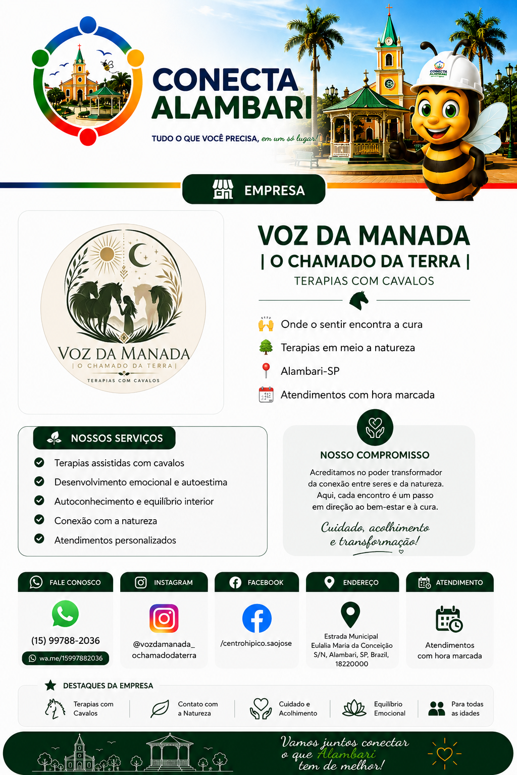 Página da Voz da Manada no Conecta Alambari, com apresentação, terapias com cavalos, serviços, compromisso, contato, redes sociais, endereço, atendimento e destaques.